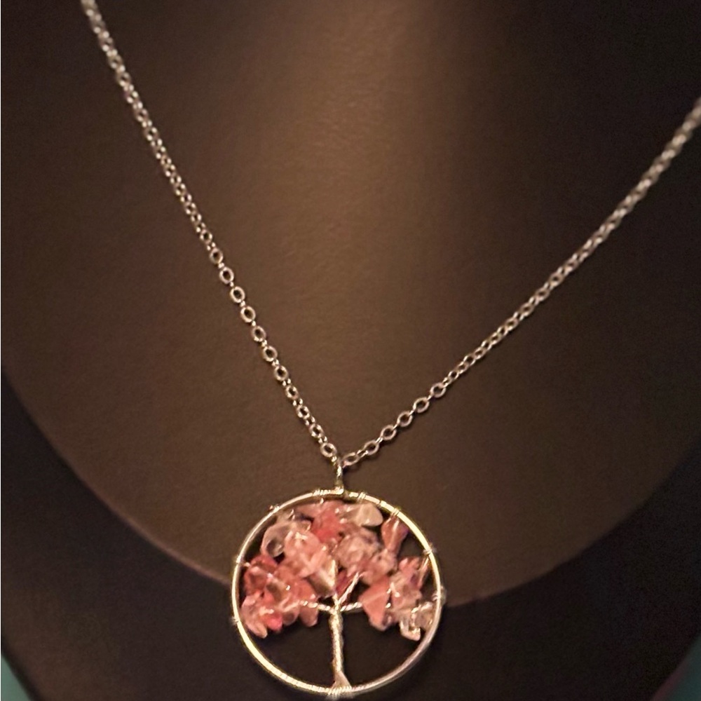 Silver Tree of Life Pendant Necklace with Pink Gemstones